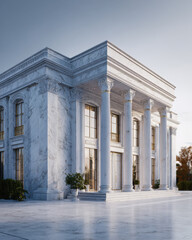 Fototapeta premium Opulent neoclassical mansion exterior, a grand white marble architectural masterpiece with majestic columns and detailed ornamentation under a serene sky.