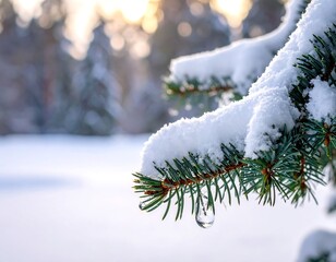 Snowy evergreen branch at dawn
