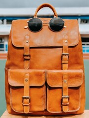 brown leather backpack with sunglasses