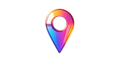 A vibrant, glossy map pin icon with a gradient of warm and cool colors, featuring a circular center hole against a black background