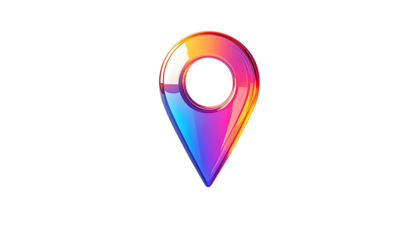 A vibrant, glossy map pin icon with a gradient of warm and cool colors, featuring a circular center hole against a black background
