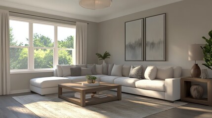 Fototapeta premium Modern, soothing living room with sleek furniture, muted tones, cozy fabrics, and subtle decor for a stylish yet calm space