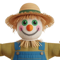 Cheerful scarecrow with straw hat and overalls on transparent background