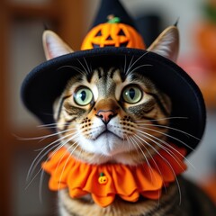 Cat in Halloween Hat and Collar Costume