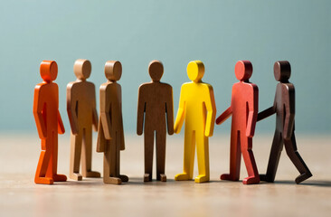 Colorful wooden figures symbolizing diversity and inclusion, teamwork concept