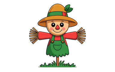 Cute cartoon scarecrow standing in the grass on transparent background