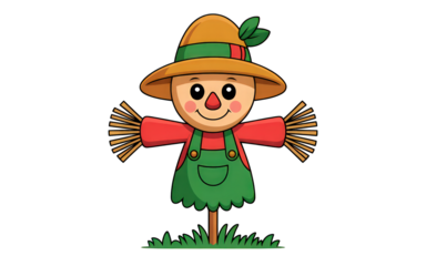 Cute cartoon scarecrow standing in the grass on transparent background