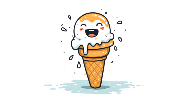 A doodle ice cream cone with a melting scoop and a happy, dripping face, isolated on a Transparent Background