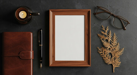 Blank wooden frame with journal, pen, candle, glasses flat lay