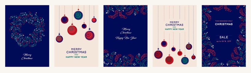 Festive vector Christmas and New Year templates with wreaths, ornaments, pine branches, and holiday sale designs in red, green, and navy tones. Perfect for cards and posters