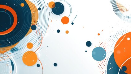 Abstract background with overlapping circles and swirling lines in orange, dark blue, and muted tones on a white backdrop