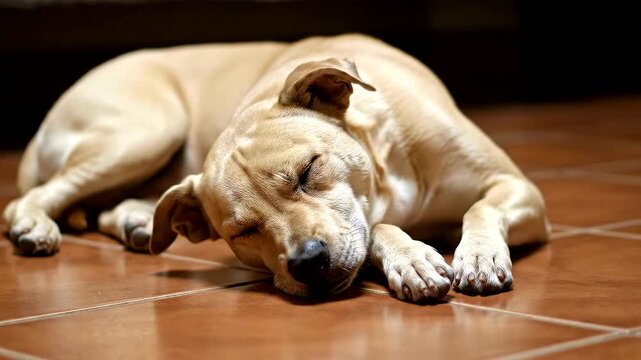 Sleeping Dog on Tile Floor, Peaceful Canine Rest.