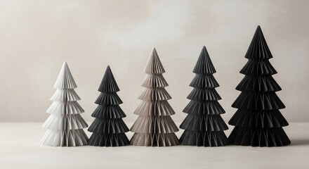 Decorative folded paper trees in a row