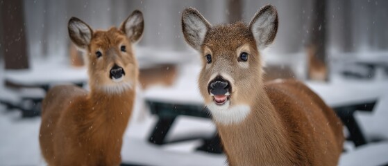 Two young deer exploring a snow-covered park under a grey winter sky