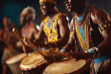 Traditional African dancers energetically performing in tribal attire, celebrating cultural heritage with drums and chants.