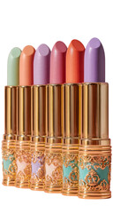Stacked set of five pastel-colored lipsticks in gold-toned, ornate containers