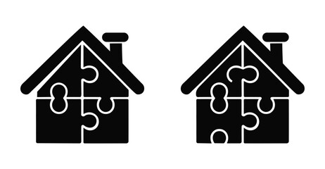 two black house icons made of interlocking puzzle pieces, concept of unity, complexity, problem solving, home structure, and housing design