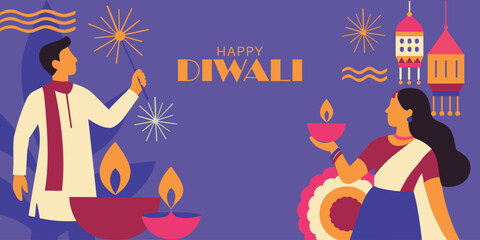 Happy Diwali festival of lights colorful minimal poster template design with decorative diya lamp. vector illustration. Indian festival of lights Happy Diwali, holiday Background in flat style.