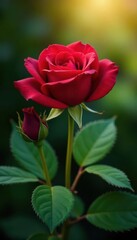 Fototapeta premium Deep crimson rose and unopened bud, sunlight dappled leaves , stock photo, crimson, petal
