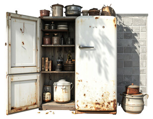  Old Rusty Vintage Refrigerator with Retro Kitchen Props