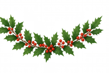 Garland made of holly showcasing lush green leaves and pops of red berries, adding a festive touch to christmas and winter-themed designs