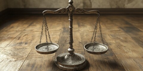 Antique Scales on a Grunge Wooden Background, Symbolizing Financial Balance and Economic Regulation
