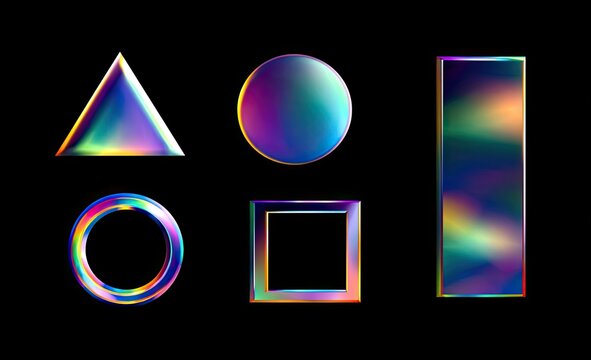 Abstract holographic shapes on black background.  Colorful, iridescent geometric forms, including a triangle, circle, ring, rectangle, and square, create a vibrant, futuristic design