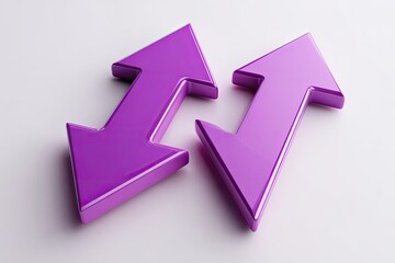 Two vibrant purple arrows, diagonally opposed, glossy and three-dimensional, on a light gray background