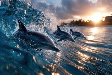 Fototapeta premium Dolphins Surfing a Wave at Sunset