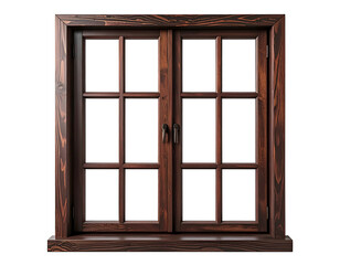 Fototapeta premium Dark brown wooden double-hung window with six-pane grid pattern, thick frame, and small, dark metal latches