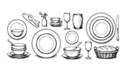 dinner set engraving vector style