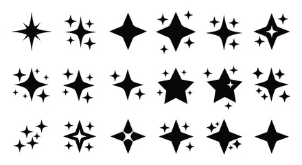 Collection of sparkling star shapes and bright light effects silhouette