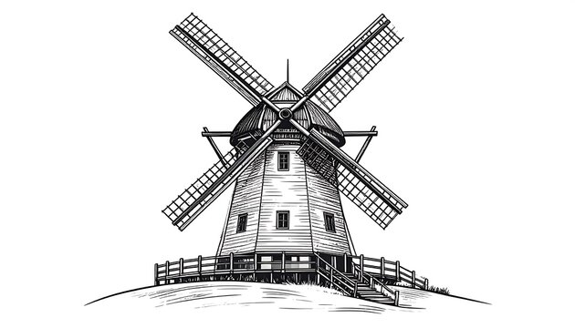 Classic windmill sketch, atop a hill - Powered by Adobe