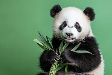 Cute panda cub holding bamboo leaves