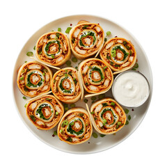 Spicy Buffalo Chicken Pinwheels with Ranch Dipping Sauce on a Plate isolated on a transparent background 