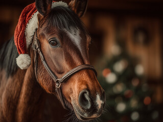 Portrait of a beautiful brown horse in a red cap on the background of a Christmas tree