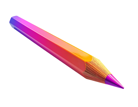 A vibrant, diagonally-oriented colored pencil transitions smoothly from deep magenta to bright yellow, showcasing a sharpened point and detailed wood grain texture