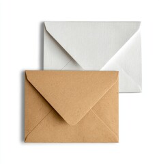 Two envelopes, one white and one kraft brown, lie atop a white background