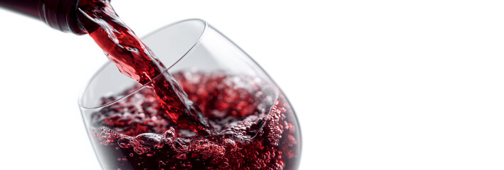 Ultra-realistic photo of red wine elegantly poured into a crystal glass, forming waves and bubbles. Studio lighting, white background, copy space, perfect for luxury wine advertising. Generative Ai.