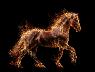 Horse in fire, isolated on black background. Side view. 2026