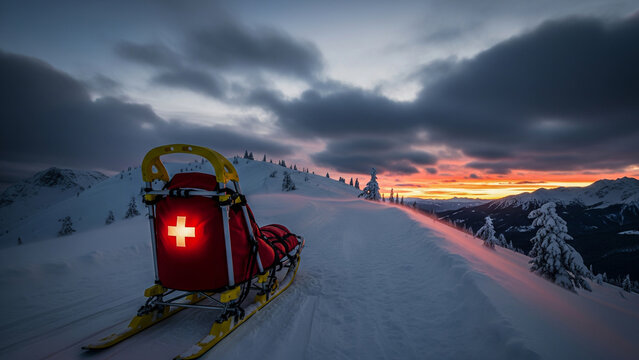 A rescue sled with a glowing red cross rests on a snowy mountain ridge at a dramatic sunset with dark, cloudy skies