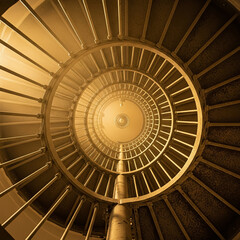 A low-angle view of a circular, vintage metallic spiral staircase, with a warm light glowing from the top