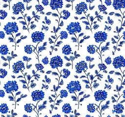 Floral pattern of  vibrant blue flowers on a white background.  Delicate stems and leaves connect the blossoms.  A repeating,  intricate design