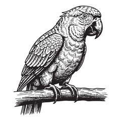 parrot perch on branch engraving vector style