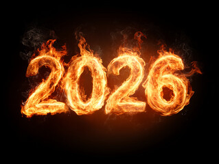 New Year 2026 written with fire and flames isolated on a black background