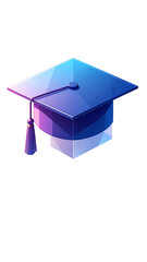 A vibrant, low-poly graduation cap with a dark blue-purple gradient, angled slightly, features a small tassel