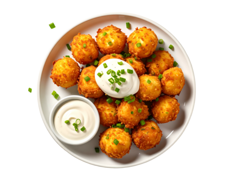 Crispy golden-brown potato balls arranged on a white plate, topped with a dollop of creamy white sauce and garnish of fresh green chives.  A small bowl of additional sauce sits beside