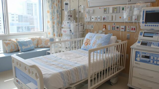 A modern hospital room with medical equipment, hospital bed, monitor, infusion pump, large window, clean and bright atmosphere for patient care