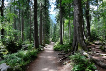 Obraz premium Tranquil forest path amidst towering trees