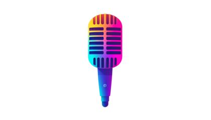 Retro-style microphone rendered in vibrant, multicolored pixel art; rainbow gradient, dark background